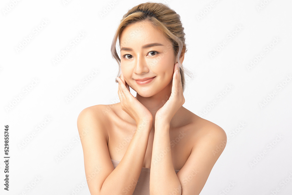 Beautiful young asian woman clean fresh bare skin concept. Asian girl beauty face skincare and health wellness hold hand under chin, Facial treatment, Natural make up. Isolated on white background. Beautiful young asian woman clean fresh bare skin concept. Asian girl beauty face skincare and health wellness hold hand under chin, Facial treatment, Natural make up. Isolated on white background.