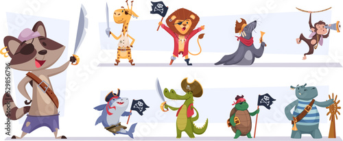 Pirate animals. Cute funny cartoon sailors animals in pirate costumes with weapons exact vector pictures set isolated