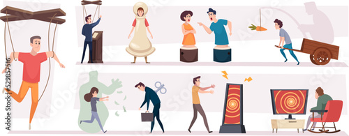 Manipulation concept. Politicians and businessmen manipulating people how puppets on strings exact vector illustrations