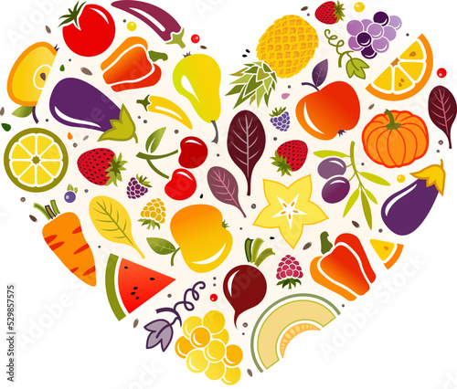 healty foods for cardiovascular system in heart-shaped design - vector illustration. High-angle view of various colourful raw fruit and vegetables for vegetarian detox and healthy diet & lifestyle.