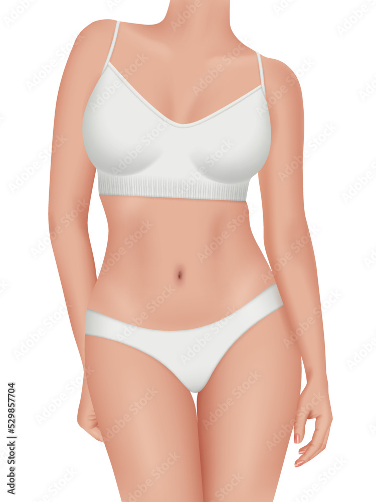 Woman body. Realistic beautiful lingerie bikini and bra on fitness body decent vector female illustration