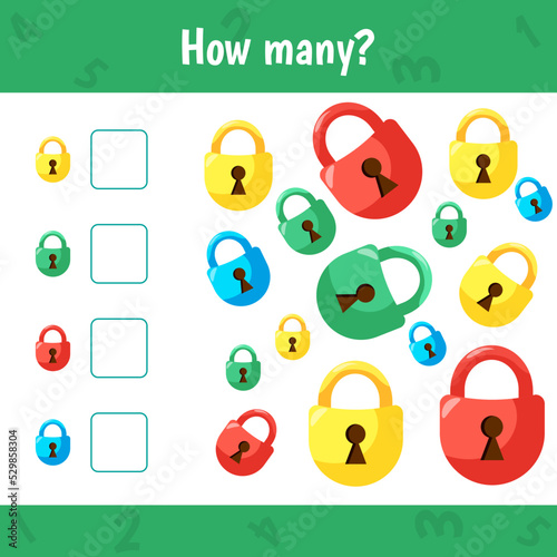 How many locks are there. Count the number and write. Math worksheet for kids.