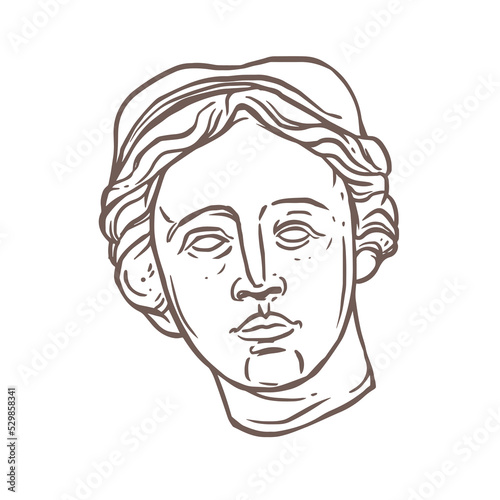Greek sculpture of male head antique sketch vector illustration - gypsum face in vintage style. Bohemian classic minimalist male bust. Aesthetic gypsum museum statue - marble figures