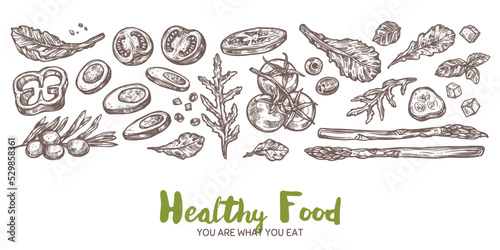 Healthy food collection - sketch vector illustration of various ingredients for preparing dietary meals. Vintage hand drawn vegetables and herbs for restaurant and store menu or banner design