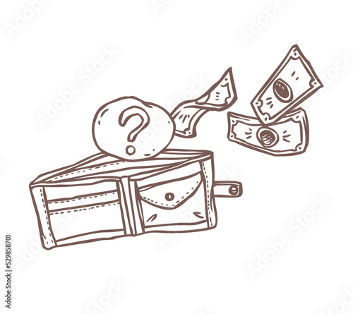 Open empty wallet with flying away dollar banknotes and question sign - sketch vector illustration of overspending or economical crisis concept. Symbol of financial problems or loss of money