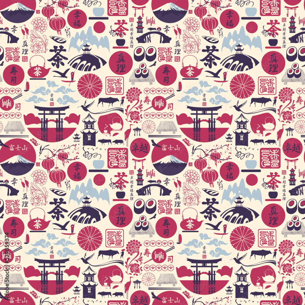 Seamless pattern on the theme of Japan. Translation from Japanese hieroglyphs: Sushi, Tea, Perfection, Happiness, Truth, Japan Post. Vector repeating background, wallpaper, wrapping paper, fabric