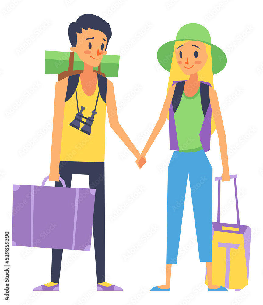 Couple going to vacation trip. Woman with suitcase and man with travel bags Couple going to vacation trip. Woman with suitcase and man with travel bags