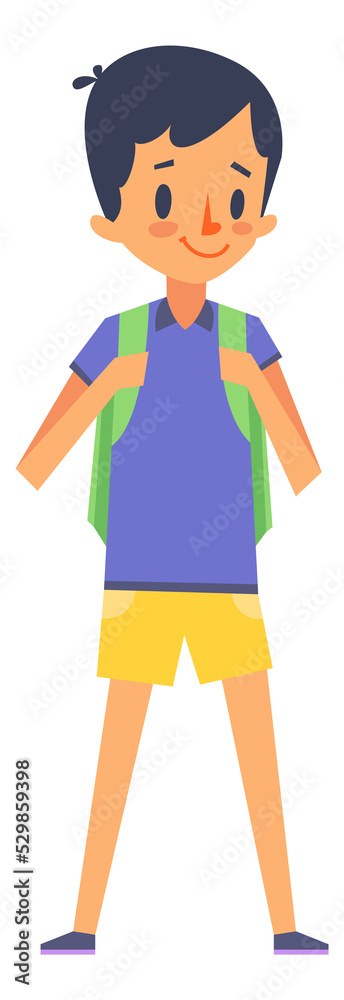 Smiling boy with school backpack. Active kid character Smiling boy with school backpack. Active kid character