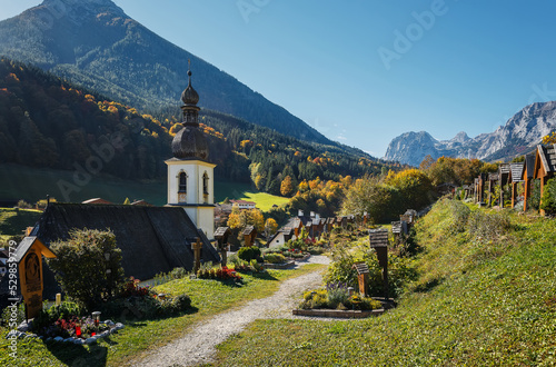 Scenic mountain landscape in the Bavarian Alps. Small church. Famous Parish Church of St. Sebastian.