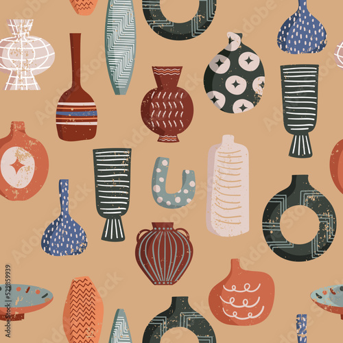 Seamless Pattern Modern ceramic vases with abstract various doodle shapes , Minimalist antique ceramic pottery for interior. Vector illustration EPS10