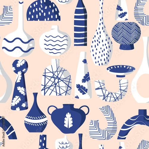 Seamless Pattern Modern ceramic vases with abstract various doodle shapes , Minimalist antique ceramic pottery for interior. Vector illustration EPS10