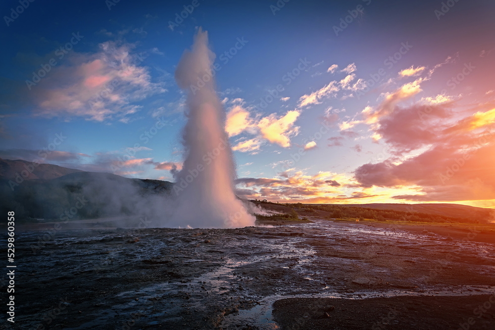 Impressive Eruption of Strokkur Geysir in Iceland during sunset ...