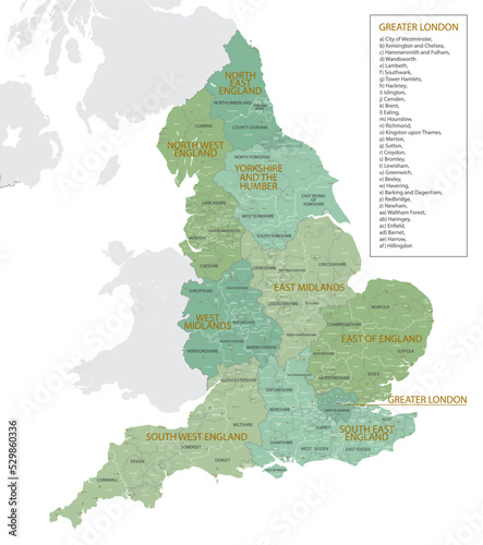 Detailed map of England with administrative divisions into regions, counties and districts, major cities of the country, vector illustration onwhite background