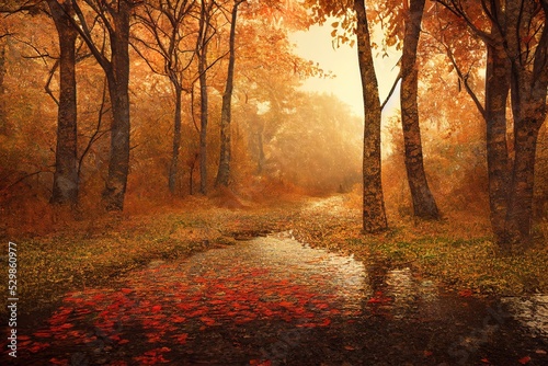 Autumn leaves of the forest road fall into the landscape on an autumn background   3d render  Raster illustration.