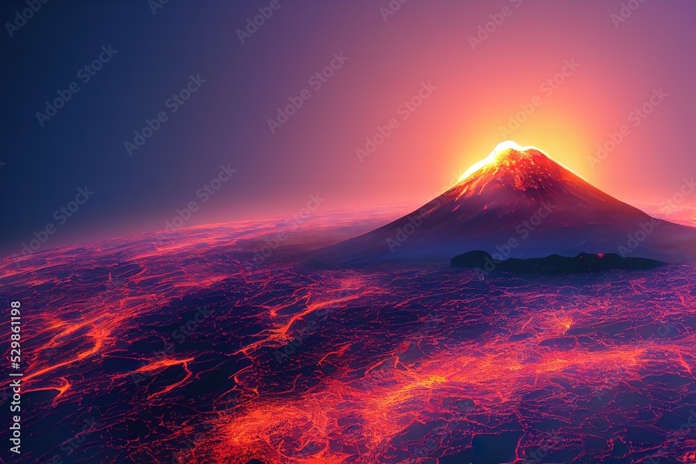 explosive volcano with burning lava, neon light. Dark futuristic nature scene, 3d render, Raster illustration.