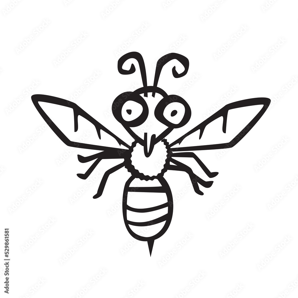 Vector illustration hand drawn cartoon of bee character isolated on white background.