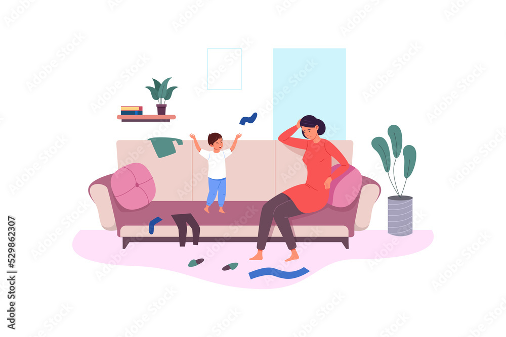 Fototapeta premium Maternal headache. Parenting stress, anxiety child made mess in room, vector illustration
