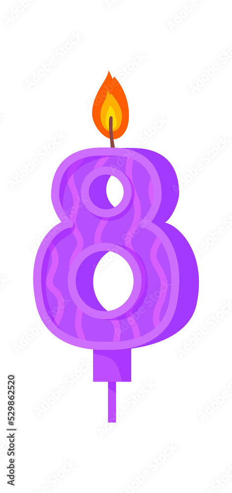 Candle number eight. Greeting 8 yers, icon on dessert, cartoon vector image Candle number eight. Greeting 8 yers, icon on dessert, cartoon vector image