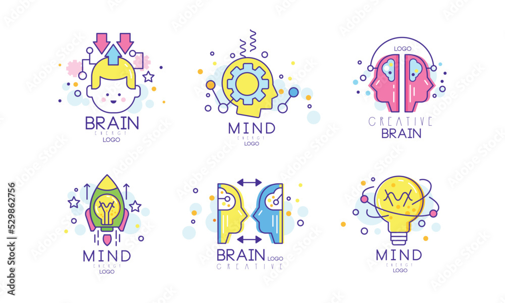 Fototapeta premium Brain and Creative Mind Logo Design with Man Head and Light Bulb Vector Set