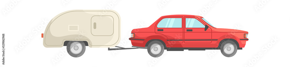 Red car with trailer. Mobile recreation transport for trip, icon flat vector illustration