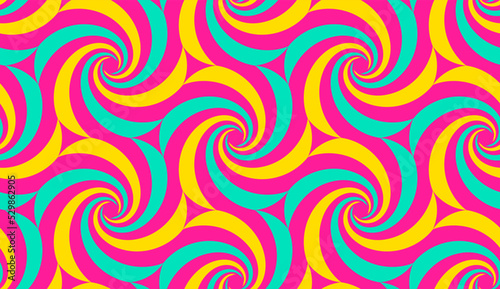 Psychedelic hypnotic background. Spiral surreal hypnosis seamless pattern. Optical illusion neon art with swirl circle elements, tidy vector design