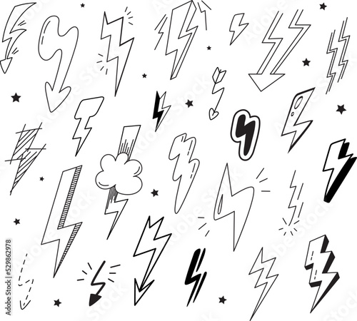 Doodle flash set, cartoon scrawl thunders. Hand drawn lightning, power or energy symbols. Electric thunderbolt, classy black vector collection