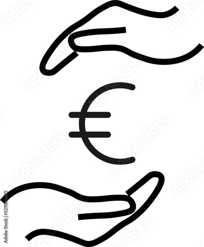 Support and gift signs. Minimalistic isolated vector image for web sites, shops, stores, adverts. Editable stroke. Vector line icon of euro currency between outstretched hands