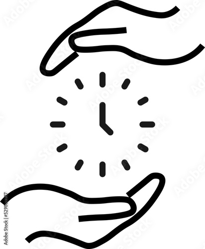 Support and gift signs. Minimalistic isolated vector image for web sites, shops, stores, adverts. Editable stroke. Vector line icon of simple clock between outstretched hands