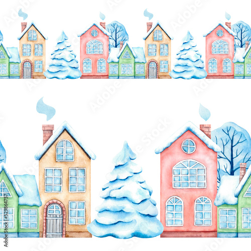 A seamless horizontal pattern with winter houses, fir trees, and a tree covered with snow. Painted in watercolor by hand, isolated on a white background. Design for children's fabric, packaging. © Svetlana