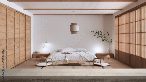 Wooden vintage table top or shelf closeup, zen mood, over japandi minimalist white wooden bedroom with double bed in japanese style, white architecture interior design photo