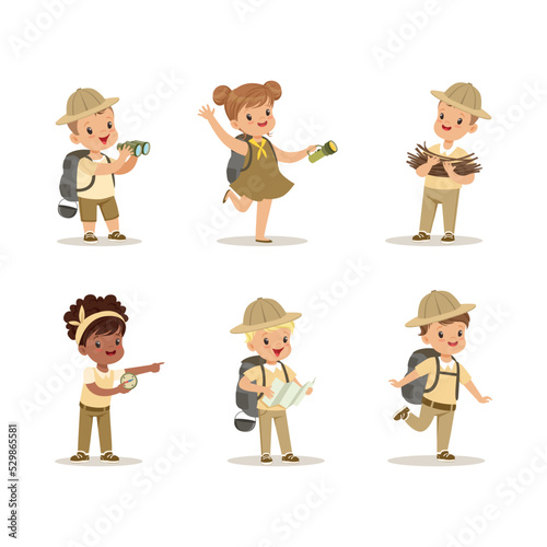 Little Boy and Girl Scouts with Backpack and Binoculars Engaged in Hiking and Camping Activity Vector Set