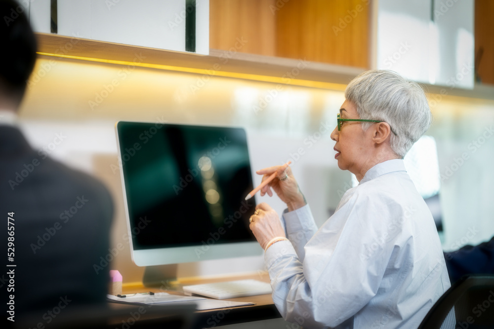 Businesswoman looking at a computer monitor during his working day in the office. Business ans success concept Businesswoman looking at a computer monitor during his working day in the office. Business ans success concept