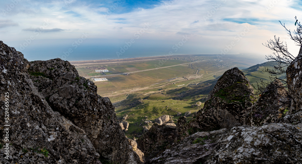 Beautiful view from Beshbarmak rock massif to the Caspian sea. Azerbaijan.