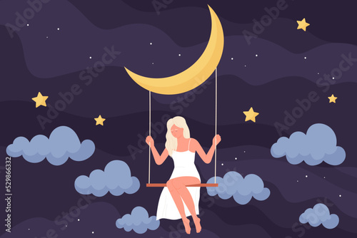 Girl sitting on swing hanging from moon at night vector illustration. Cartoon young woman flying in sleep amongst stars of cosmos and silhouettes of clouds. Sweet dream, meditation, bedtime concept