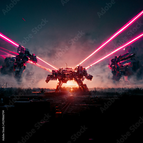 mech in the city firing synthwave