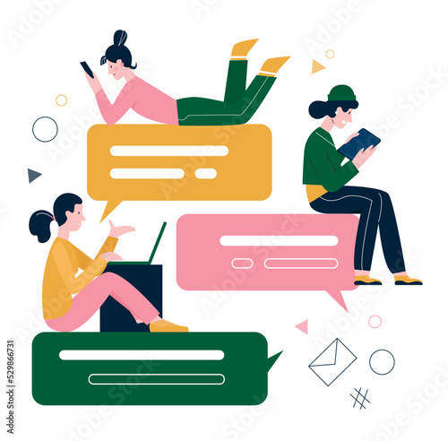 Chat messages and sms dialog in social media. Cartoon tiny people holding electronic devices, sitting on notification bubbles to talk online flat vector illustration. Chatbot, network concept