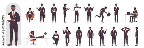 Black businessman character in various poses set vector illustration. Cartoon entrepreneur in suit sitting at table, office worker talking on lecture, presentation of commercial plan isolated on white