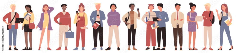 Diverse group of school, college or university students set vector illustration. Cartoon girls and boys standing in row, young people holding books, laptop, backpack isolated white. Community concept Diverse group of school, college or university students set vector illustration. Cartoon girls and boys standing in row, young people holding books, laptop, backpack isolated white. Community concept