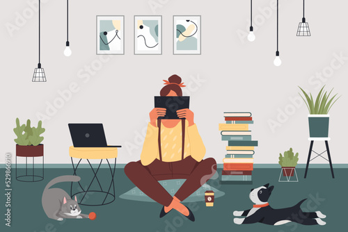 Student sitting on pillow on floor with paper open book to read and study vector illustration. Cartoon girl learn in cozy home apartment, funny pets play background. Knowledge, lifestyle concept