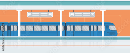 Subway underground station with railway train near platform. Cartoon empty metro interior, public metropolitan for transportation of passengers background. City infrastructure, transport concept