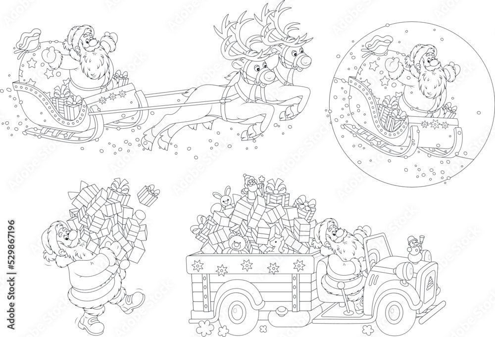 Vector cartoon set of funny Santa Claus with Christmas gifts in his magic sled and car, black and white outline illustrations for a coloring book page