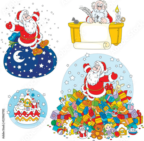 Vector cartoon set of funny Santa Claus with his bag of gifts, a fancy cake and Christmas presents