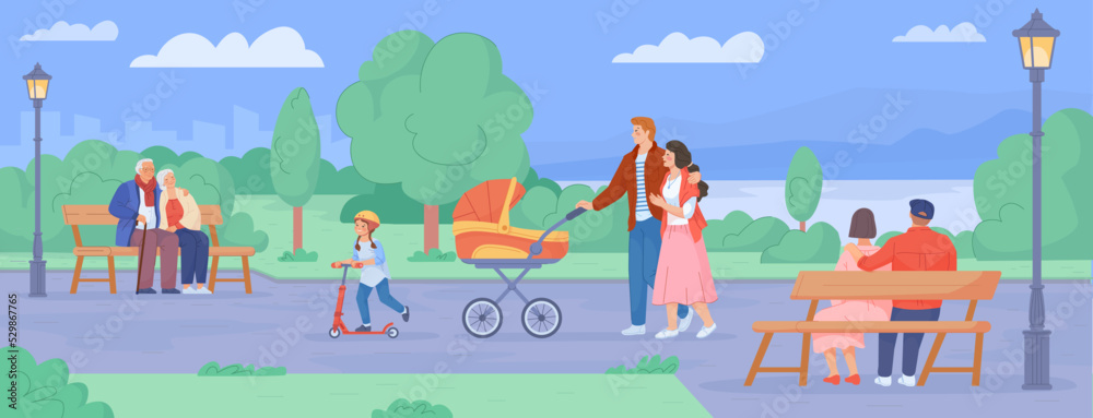 Family pram in park. Father mother walk with stroller baby, joyful parents walking pram leisure babies carriage, mom and dad holiday together cityscape, swanky vector illustration Family pram in park. Father mother walk with stroller baby, joyful parents walking pram leisure babies carriage, mom and dad holiday together cityscape, swanky vector illustration