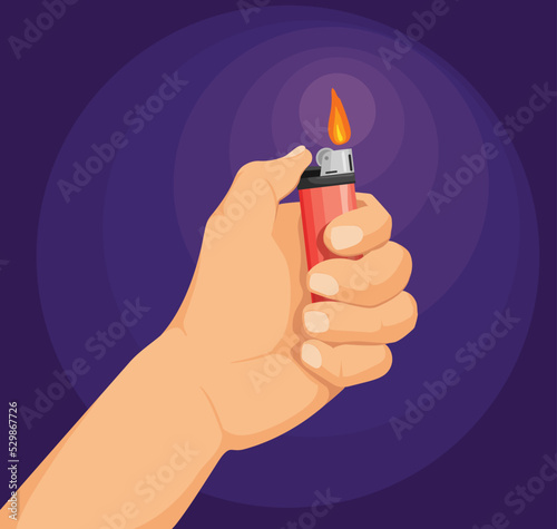 Hand hold lighter. Smoker arm holding lighters for burn fire cigarette or matchstick, pyromaniac man finger light smoke flame using tobacco drug, isolated neat vector illustration