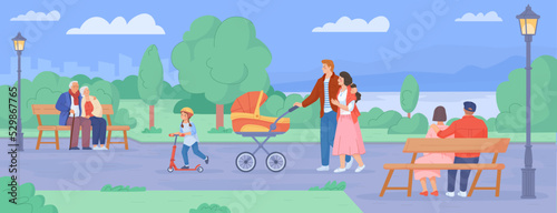 Family pram in park. Father mother walk with stroller baby, joyful parents walking pram leisure babies carriage, mom and dad holiday together cityscape, swanky vector illustration