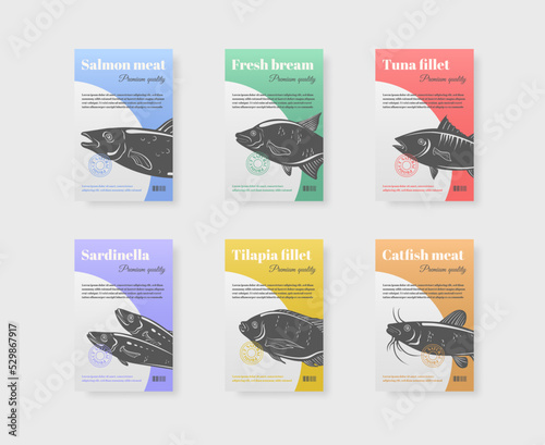 Fish package label. Fresh fishes packaging branding cards, natural food grocery business store, premium seafood salmon tuna, emblem layout vintage style design vector illustration