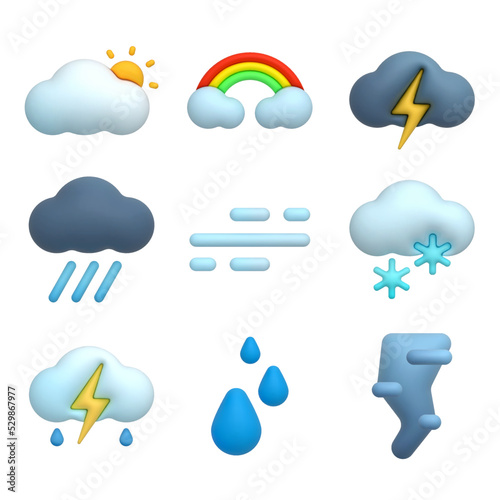 Set of vector 3d icons of weather conditions. Sun, rainbow in the clouds, lightning, thunderstorm, rain, fog, snow, tornado, storm, Isolated objects on white background. Eps10 vector