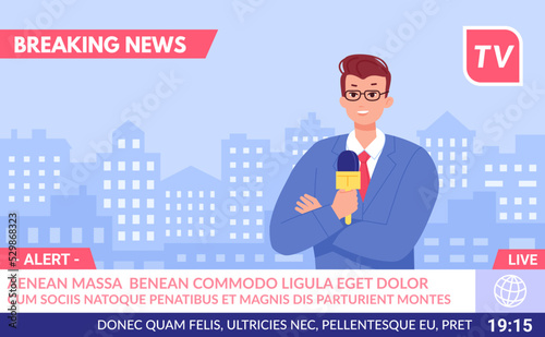 Breaking news presenter. Tv broadcasting anchor report information, professional newscaster journalist reporter on background screen television channel, swanky vector illustration