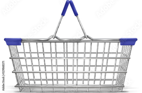 Metal supermarket basket. 3d shop cart with silver chrome wire, hypermarket equipment empty square baskets for wholesale purchase product in grocery market tidy vector illustration