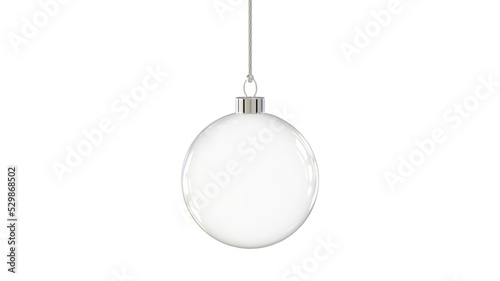 christmas ball baubble glossy transparent glass blank christmas silver hanging from top upright 3D rendering isolated
